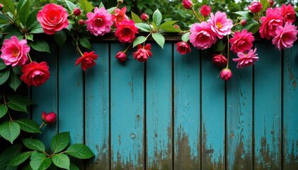 Vibrant blooms cascade over weathered wood fence, countryside, daisies
