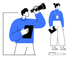 Two people strategizing with binoculars, tablet, and files, symbolizing exploration, analysis, and decision-making. Ideal for teamwork, vision, planning goal-setting innovation leadership