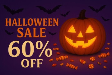 Celebrate Halloween with our vibrant sale poster featuring a smiling pumpkin and spooky bats. Perfect for promotions, events, and seasonal advertising in retail.