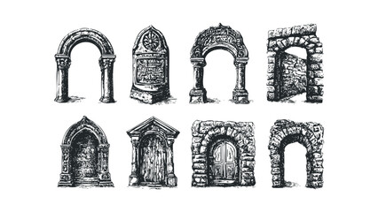 Collection of eight historical stone archway and entryway drawings. Vector hand drawn illustration