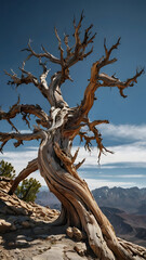 Spectacular ancient bristlecone pine tree against a vibrant blue sky and mountain landscape