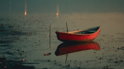 Red Wooden Boat Resting on Calm Shallow Water at Sunset