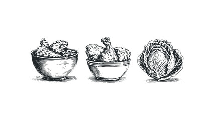 Three hand drawn line art bowls of fried chicken and a whole cabbage head. Vector hand drawn illustration