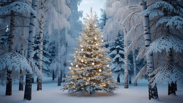 Illuminated christmas tree stands tall amidst snow covered pine forest during winter season