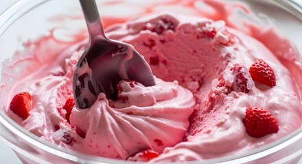 A close-up of creamy strawberry dessert being mixed, with fresh strawberries scattered throughout, offering a sweet and refreshing treat perfect for summer indulgence or a light dessert.