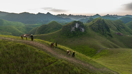 Dawn on the high mountain peaks of Ha Lang area, with pack horses and people going to work. Photo taken in Ha Lang, Cao Bang on August 30, 2025
