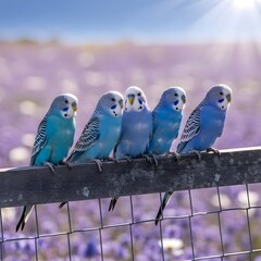 Obraz premium Charming flock of vibrant blue parakeets perched peacefully on a rustic fence in a sunny lavender field