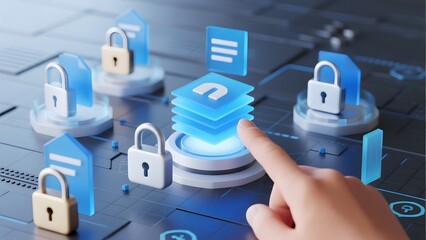 Hand interacting with digital interface featuring lock icons and data blocks, symbolizing cybersecurity and data management.