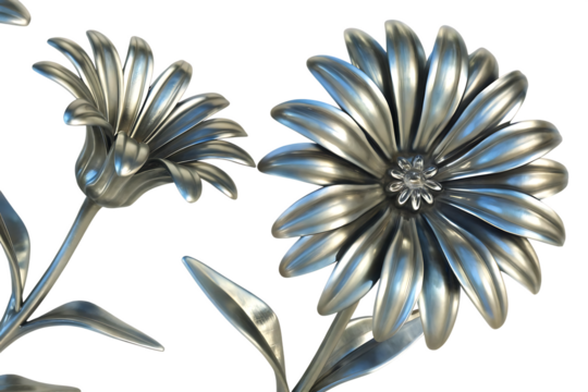 Two Silver Daisy Flowers with Stems and Leaves on Background floral bloom isolated on a transparent background