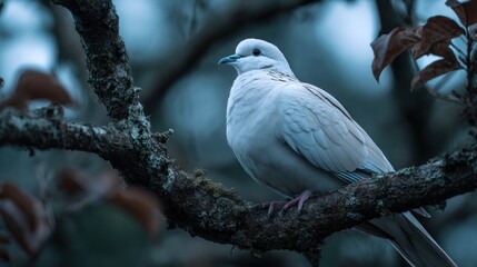 Enchanting portrait showcasing a dove perched peacefully on a mossy branch