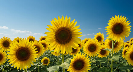 Obraz premium Beautiful sunflower field under clear blue sky
