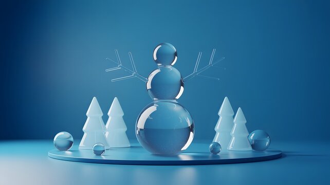 Abstract glass angel sculpture with frosted christmas trees and spheres on a reflective surface with a soft blue background