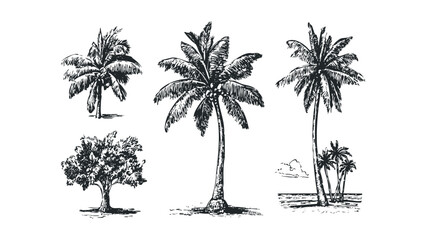 Obraz na płótnie Canvas Collection of palm tree drawings on transparent background. Vector hand drawn illustration