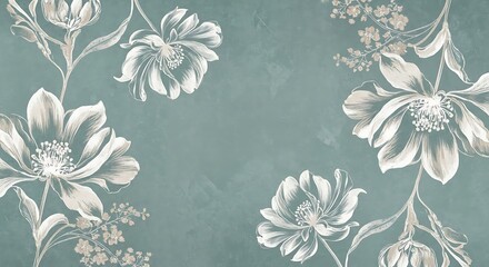 Elegant white floral pattern on a muted teal textured background