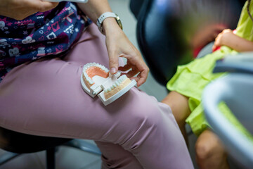 Dental care education for children involves interactive demonstrations with a model at a clinic during a bright afternoon