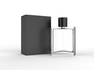 A clear glass perfume bottle with Box and black cap, standing on a light-colored surface with shadows. Illustrator Vector. 