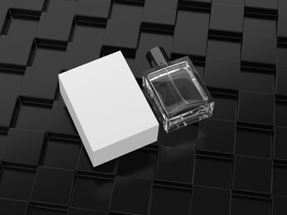 A clear glass perfume bottle with Box and black cap, standing on a light-colored surface with shadows. Illustrator Vector. 