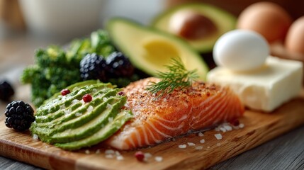 Salmon dish presented on a wooden board with nutrient-rich accompaniments