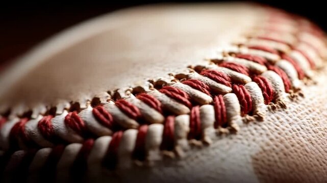 Close-up of a Baseball with Red Stitches, Macro Shot Detailed View