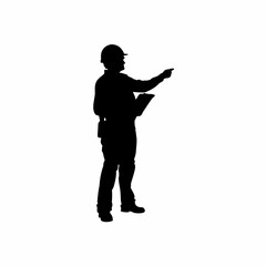 Silhouette of a structural engineer wearing helmet pointing at high rise plan isolated on white background