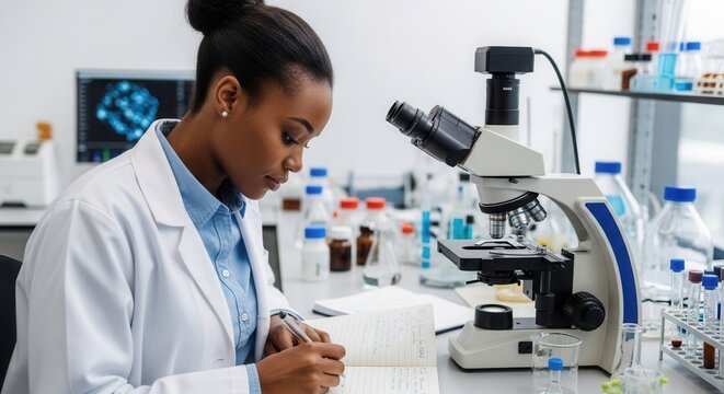 African american scientist analyzing samples and taking notes in laboratory