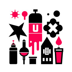 Abstract geometric composition with red and black shapes and icons