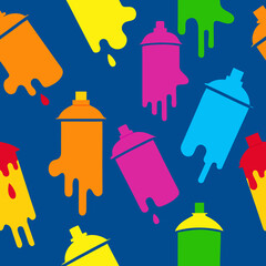 Colorful spray paint cans dripping paint seamless pattern