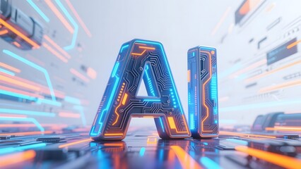Futuristic 'AI' Letters with Circuitry Design in a High-Tech Environment
