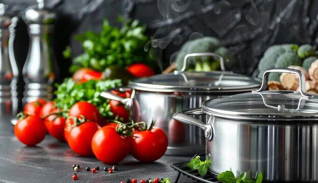 set of non-sticky aluminum Cookware on grey table
