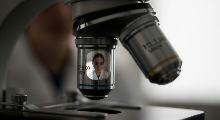 Close up shot of a microscope with a reflected image of a female scientist, scientific research