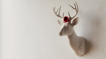 Elegant white taxidermy deer head mounted on a wall with a small red flower accent on its antlers