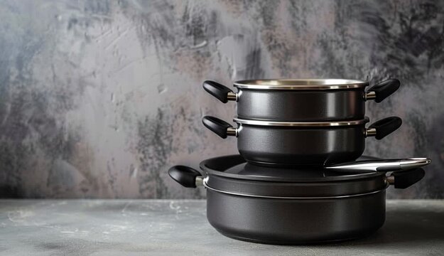 set of non-sticky aluminum Cookware on grey table

