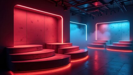 Red Blue Neon Lit Concrete Steps Display Platforms Studio