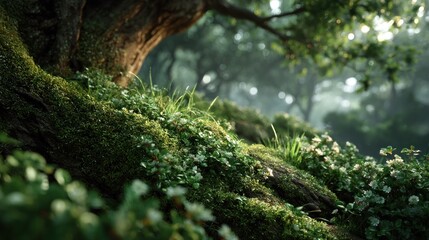 Enchanted Forest Floor: A Lush Tapestry of Moss, Wildflowers, and Ancient Trees