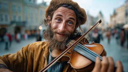 A street musician skillfully plays the violin, captivating passersby with his melodic tune, smiling