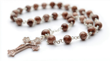 A delicate rosary with polished beads and a shining cross rests gracefully on a pure white background, symbolizing faith and peace.