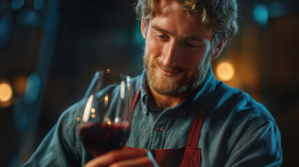 A man elegantly savoring the aroma and taste of a rich red wine in a dimly lit, inviting setting. The man is dressed in a simple, classic style