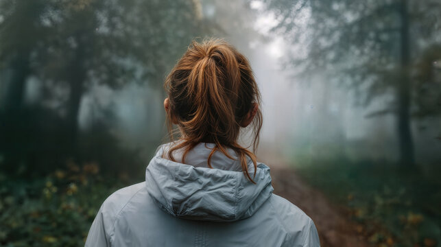 A woman walks on the path toward the mysterious misty forest