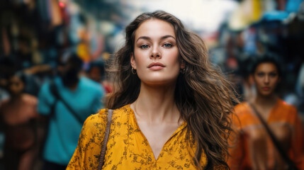 Naklejka premium A confident woman walking through a crowded street, exudes determination and grace