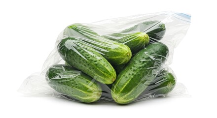 A clear plastic bag filled with several green cucumbers on a white surface