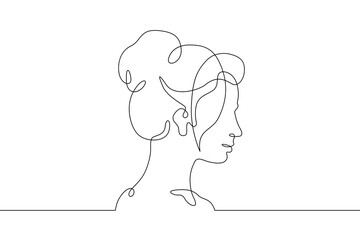 Continuous one line drawing female profile. Portrait of a woman. Ink line. Line art.One continuous line isolated illustration.Not AI.