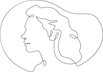 Continuous one line drawing female profile. Portrait of a woman. Ink line. Line art.One continuous line isolated illustration.Not AI.