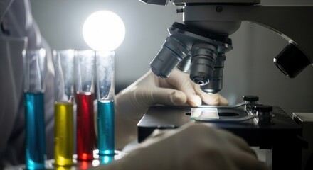 Close-up of laboratory research with microscope and test tubes, focused on scientific exploration