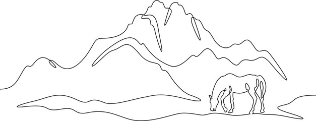 Continuous one line drawing mountain landscape. Horse in nature. National Park. Symbol of the year 2026. One continuous line isolated minimal illustration.Not AI.