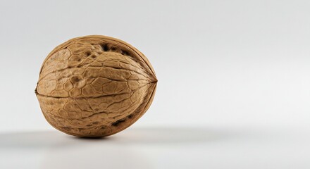 A detailed singular walnut is seen on a seamless white surface capturing its intricate texture and shadows