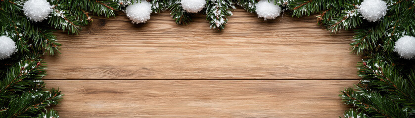 Festive winter border evergreen branch snow pom wooden background rustic holiday cozy mood copy space natural texture cheerful scene