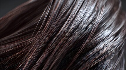Obraz premium Shiny healthy dark brown human hair close up macro texture background showing natural smooth strands and glossy highlights for beauty, salon, haircare, and cosmetic design.
