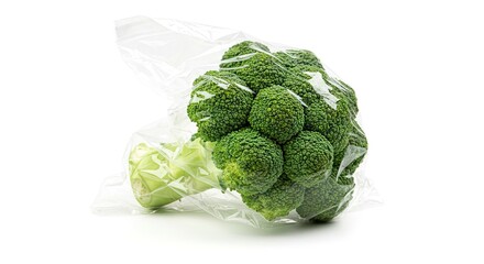 Fototapeta premium A head of broccoli is sealed in a clear plastic bag on a white background