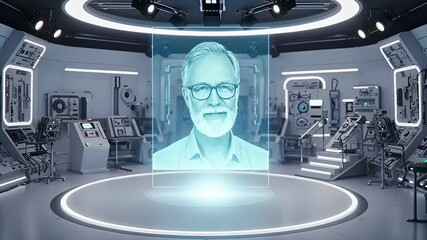 A senior male expert appearing as a digital hologram in a futuristic scientific research laboratory - Powered by Adobe