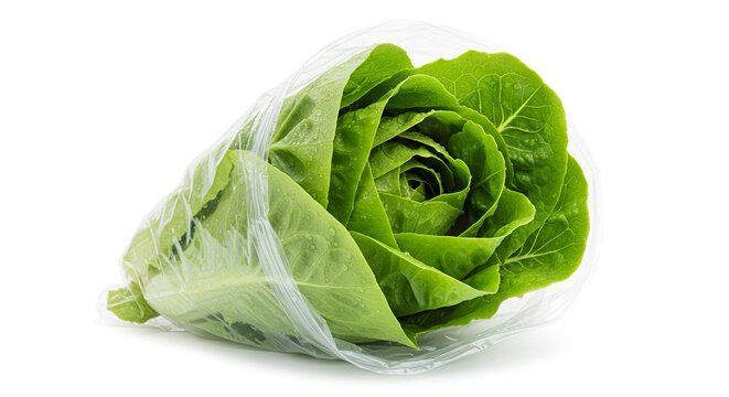 A head of romaine lettuce encased in a clear plastic bag on a white surface